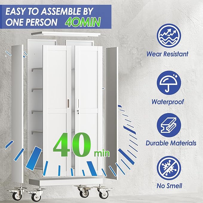 75" Tall Metal Garage Storage Cabinet with Wheels and Locking Doors and Tall Rolling Steel Tool Cabinet with 5 Adjustable Shelves for Garage,Home,Office,Shop (White)