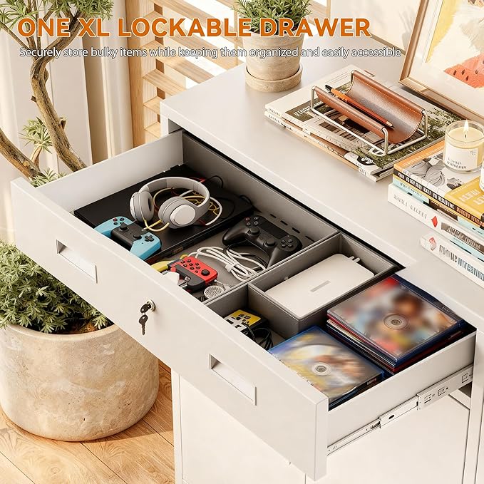 BESFUR 36" H Metal Cabinet with Lockable Drawer and 2 Lockable Doors, White Locking Cabinet with Adjustable Shelf, Lockable Storage Cabinet for Home Office, Garage,School, Warehouse, Utility Room