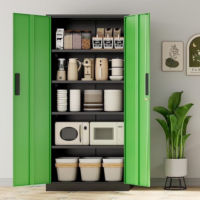 INTERGREAT Metal Storage Cabinet with Lock, 63" H Metal Cabinets Storage with 2 Doors and 4 Adjustable Shelves, Locking Garage Cabinet for Home Office, Kitchen, Bathroom (Black Green)
