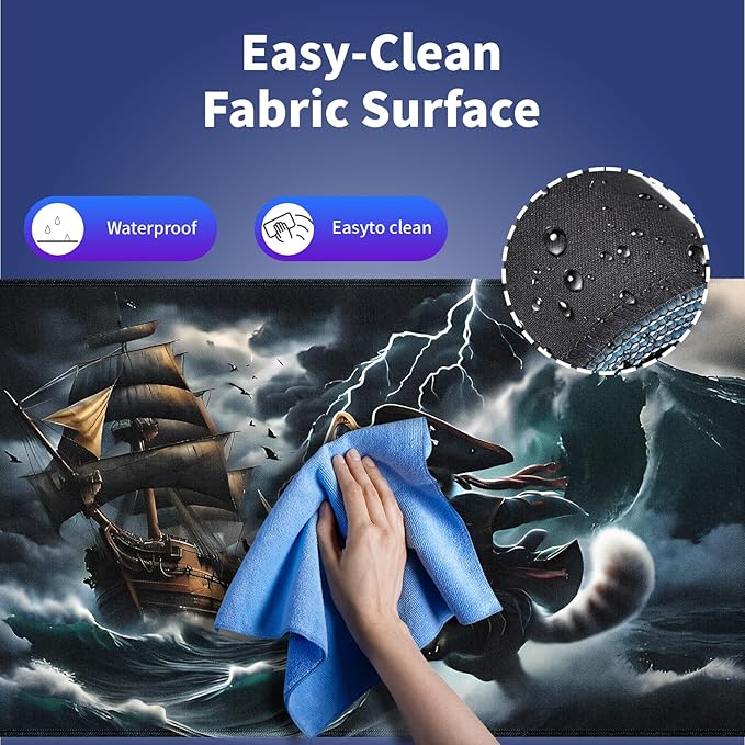 Wknoon. Extra Large Gaming Mouse Pad (31.5" x 11.8") with Durable Stitched Edges – Cute Pirate Kitty in The Stormy Ocean Waves Funny Cat Adventure Ship Sailing, Anti-Slip Base Extended XXL Desk Mat