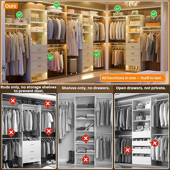Armocity 96 Inches Closet System, 8FT Walk In Closet Organizer with 3 Shelving Towers, Heavy Duty Clothes Rack with 3 Drawers, Built-In Garment Rack, 96"L x 16"W x 75"H, Load 1000 LBS, White Oak