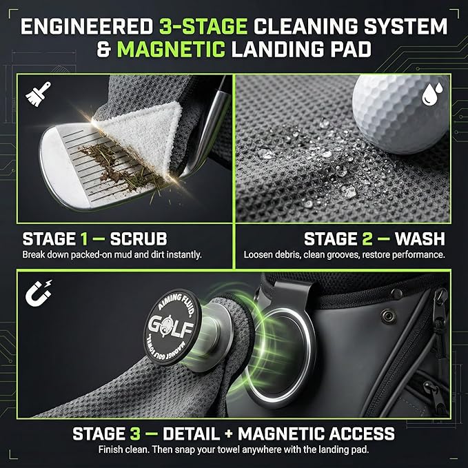 Magnetic Golf Towel & Landing Pad Bundle – Premium Microfiber Waffle Weave | Light-Duty Magnet | 3-Stage Cleaning System Universal Magnetic Docking Pad | 16"×24" Towel – Grey (Black)