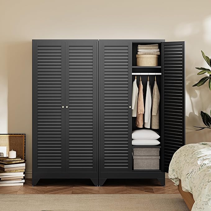Letaya Metal Wardrobe Cabinets,71" Tall Armoire Wardrobe Closet with Fluted Doors and Shelves,Large Coat Closet Cabinet with Hanging Rod,Clothing Storage Cabinets for Home Room(Black)