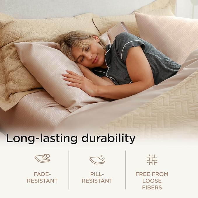 Threadmill California King Size Sheets | 800 Thread Count Jacquard Celine Light Beige | 4 Piece Striped Bed Sheets | Extra Long Staple Cotton sheets | Luxury Damask Sheets with Elasticized Deep Pocket
