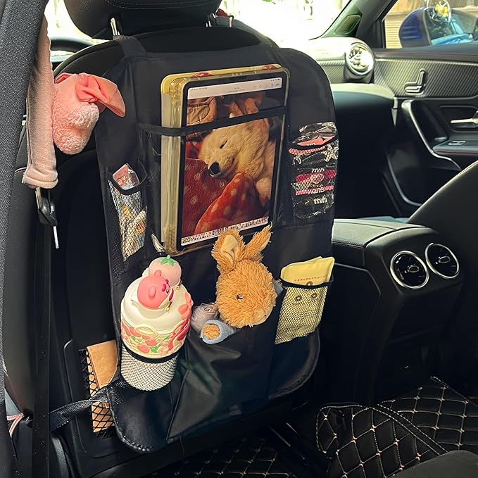 Car Backseat Organizer with 12" Touch Screen Tablet Holder, 600D Waterproof Kick Mats Back Seat Protector, Travel Storage Accessories for Kids Toddlers Road Trip Essentials, Black