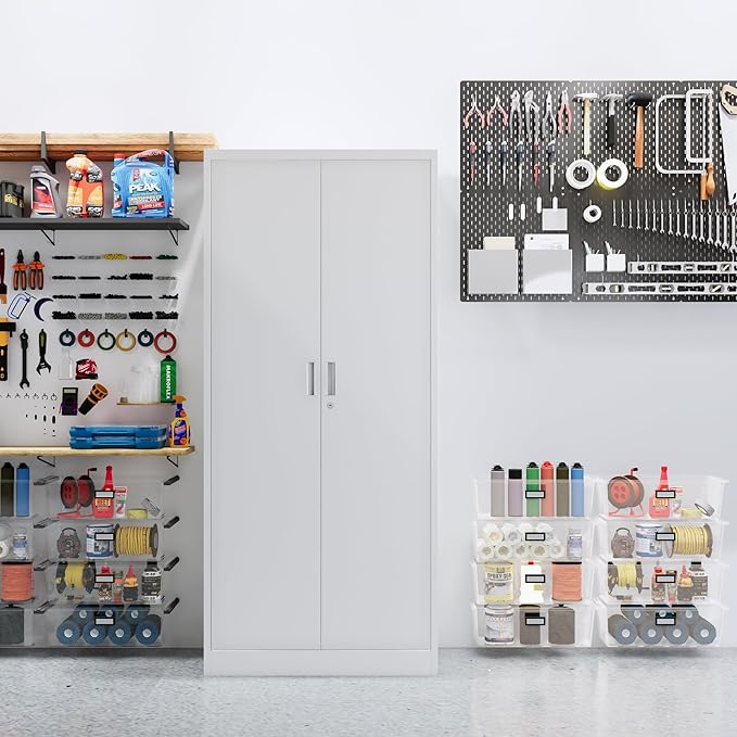 CJF Metal Storage Cabinet, 72" H Locking Storage Cabinet with Adjustable Shelves, Steel Cabinets for Garage, Office, Home, School-White