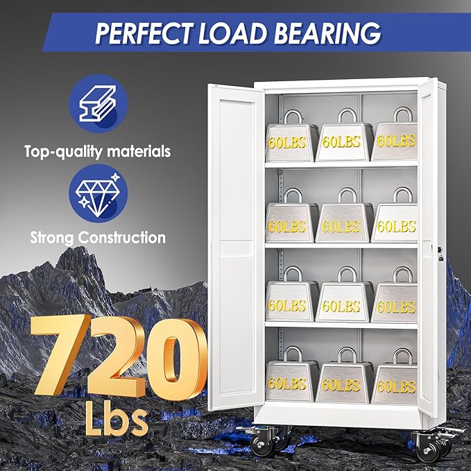 61" Tall Metal Garage Storage Cabinet with Wheels and Locking Doors and Tall Rolling Steel Tool Cabinet with 3 Adjustable Shelves for Garage,Home,Office,Shop (White)