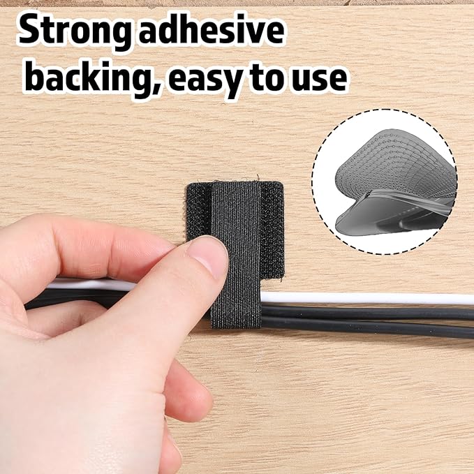 80 Pcs Hook and Loop Cable Straps, Self-Adhesive Hook and Loop Cable Ties Reusable Wire Organizers for Cords Home and Office Black
