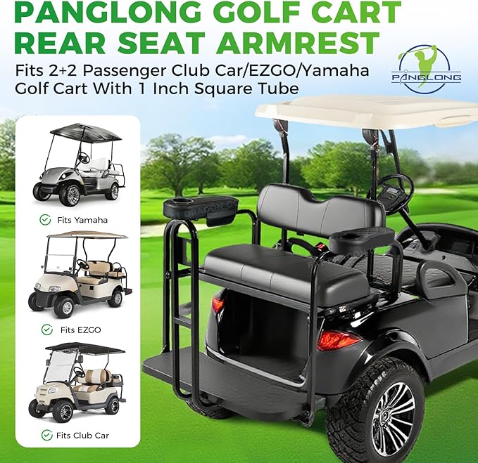 Panglong Golf Cart Armrest with Cup Holder and Phone Storage Pouch-Black or Brown, Fit Club Car EZGO Yamaha Rear Seat 1-Inch Square Tube