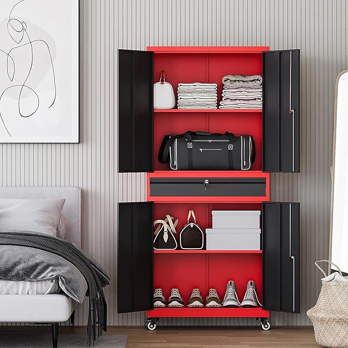 Letaya Metal Garage Storage Cabinet with Wheels,Rolling Tool Cabinet with Adjustable Shelves and Drawer for Garage Home Utility Room (Red)