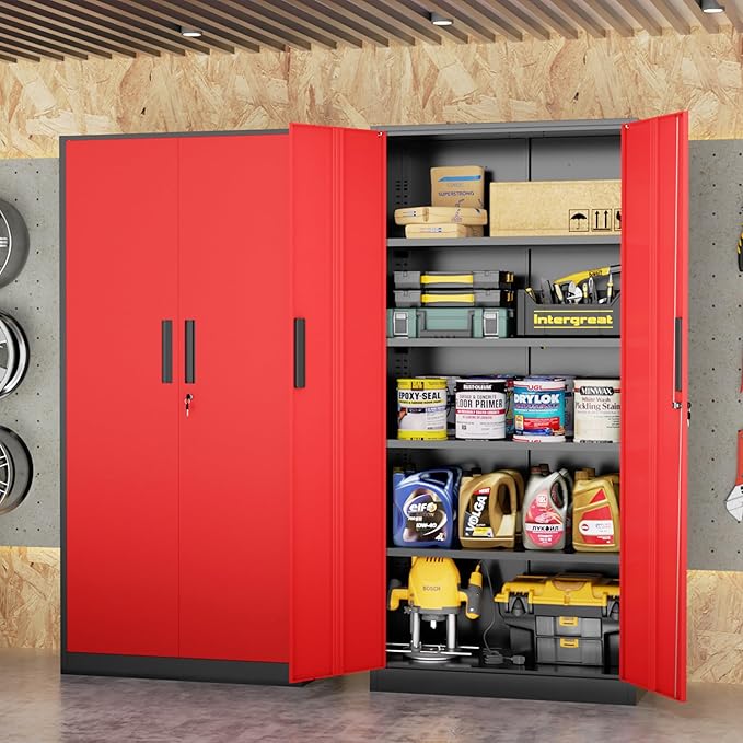 INTERGREAT Metal Storage Cabinet, 72" Locking Steel Cabinets with 2 Door and 4 Adjustable Shelves, Tall Metal Cabinet for Home Office, Garage, Warehouse,(Black+Red)