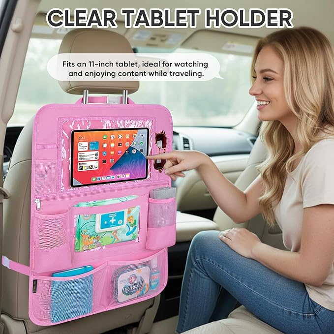BALEINE Backseat Car Organizer, Back Seat Car Organizers and Storage, Kick Mats Back Seat Protector, Travel Accessories for Most Automotive (1 Pack, Pink)
