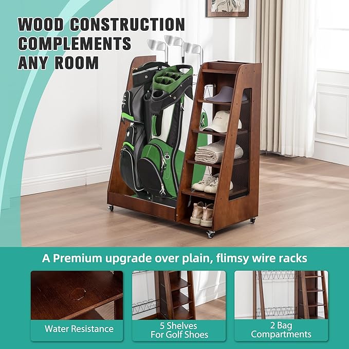 CHARMMA Golf Bag Organizer for Garage, Premium Wooden Golf Clubs Storage Rack Fit 2 Golf Bags, Golf Trunk Organizer for Car Garage Club Shed Basement,35.50x18.00x40.00in