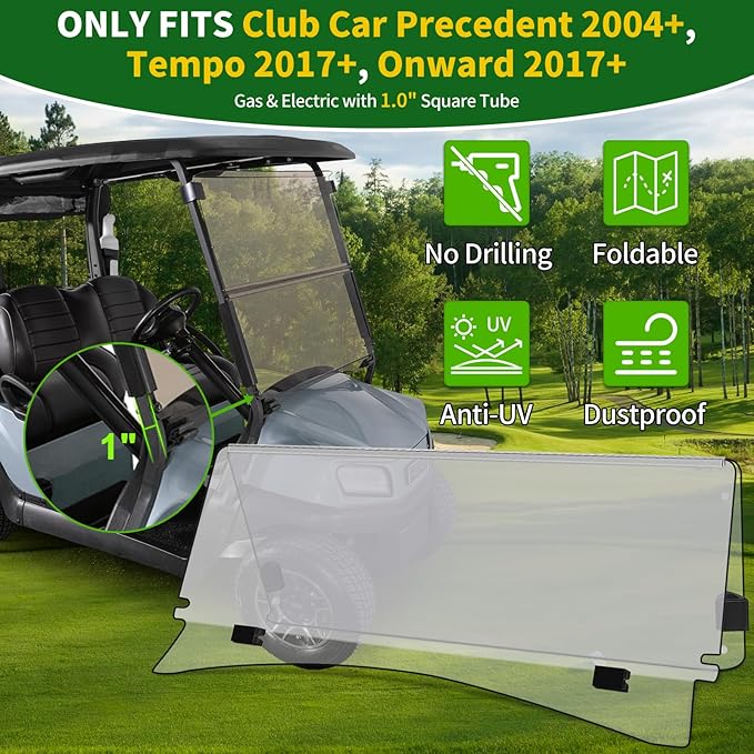 Golf Cart Foldable Windshield 3/16" (5MM) Thicken Only Fits Club Car Precedent 2004+, Tempo 2017+, Onward 2017+, 1"×1" Struts Rail Front Folding Acrylic Windshield Replacement - Clear