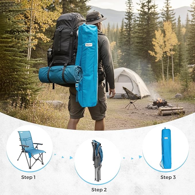 SUNNYFEEL 3-Position Recliner High-Back Camping Chair, Heavy Duty 500lbs Folding Chair with Hard Armrests & Cup Holder, Blue Ergonomic Chairs TPEE Breathable Mesh for Outdoor, Camp, Beach, Travel