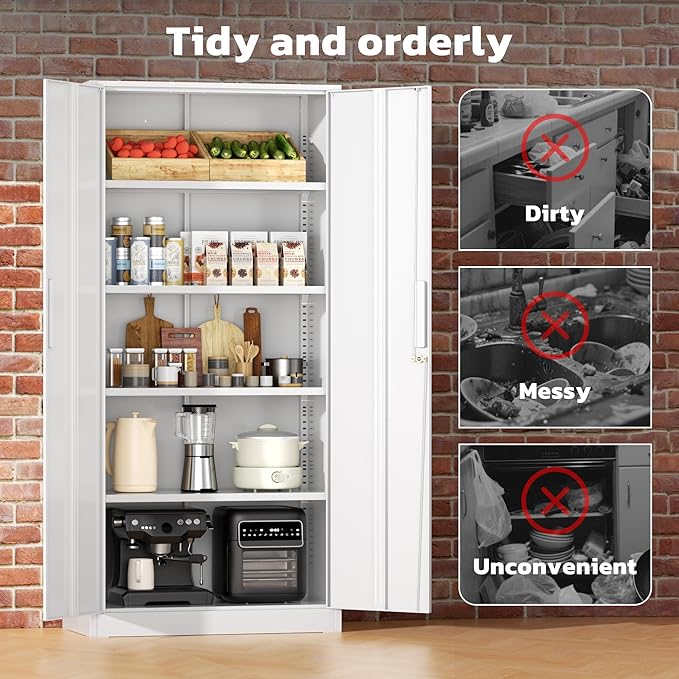 Greenvelly Metal Lockable Storage Cabinet, 72” Storage Cabinet with 2 Doors and 4 Adjustable Shelves for Office, Home, Garage, Pantry (Assembly Required, White)