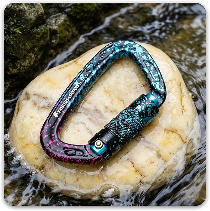 FresKaro UIAA Certified 25KN Auto Locking Climbing Carabiner Clips, Twist Lock, and Heavy Duty Carabiners for Rock Climbing, Rappelling, and Mountaineering, D Shaped