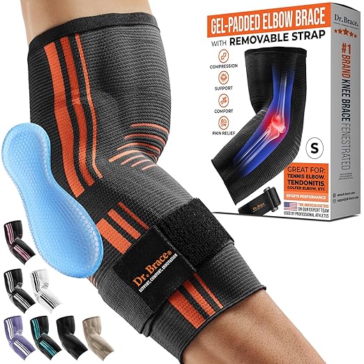 DR. BRACE® Elite Elbow Brace Support, Breathable Elbow Compression Sleeve with Gel Pad for Golfer's, Tennis Elbow & Tendonitis Treatment & Pain Relief 2024 (Grey-Orange, Small)
