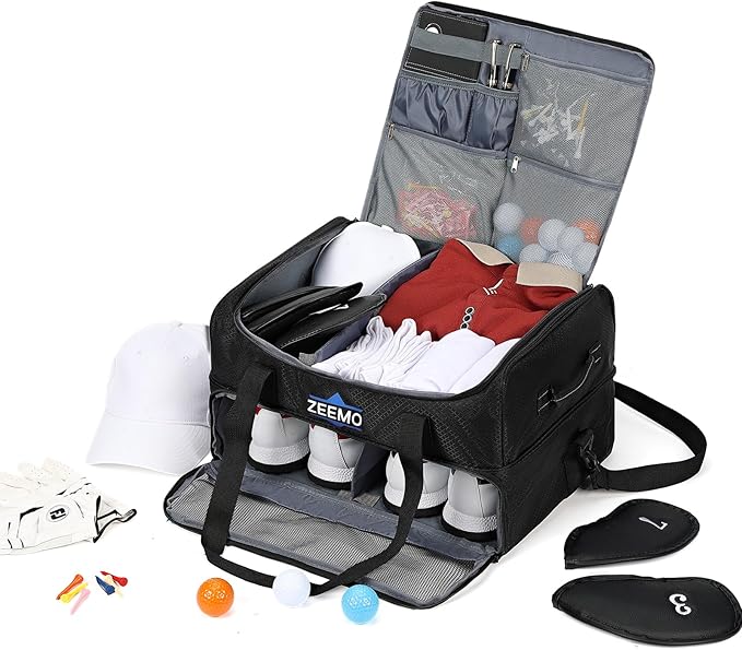 ZEEMO Golf Trunk Organizer, 2 Layer Car Locker with Ventilated Compartment for 2 Pair Shoes, Travel Storage Bag for Accessories, Black