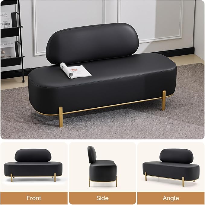 OmySalon Waiting Room Bench with Back, 55.1" Office Guest Chair, Faux Leather Upholstered Reception Seating, Lobby Bench for Beauty Salon Barbershop Airport Bank Hall Room Conference