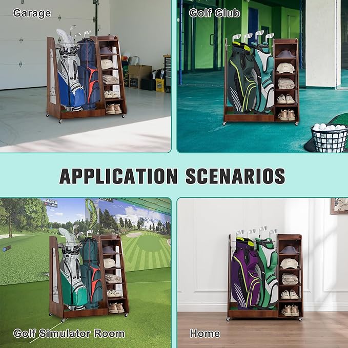 CHARMMA Golf Bag Organizer for Garage, Premium Wooden Golf Clubs Storage Rack Fit 2 Golf Bags, Golf Trunk Organizer for Car Garage Club Shed Basement,35.50x18.00x40.00in