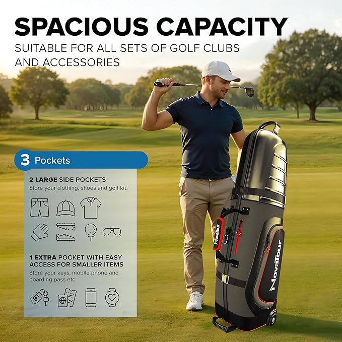Golf Travel Bag for Airlines: Hard Case Top, Waterproof Zippers, 1680D Oxford Fabric, Built-in TSA Lock, Oversized Tank Wheels, Lightweight, Easy to Maneuver – Maximum Club Protection