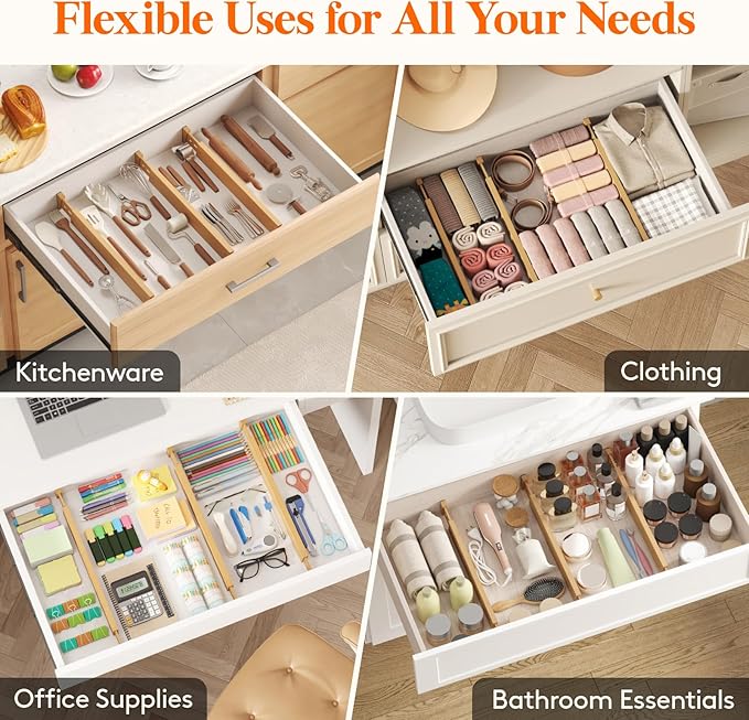 Lifewit 4 Pack Bamboo Drawer Dividers 2.4" High, 17.5-22" Kitchen Drawer Organizers, Adjustable Wooden Drawer Dividers for Clothes, Expandable Drawer Separators for Dresser, Bedroom, Bathroom, Cabinet