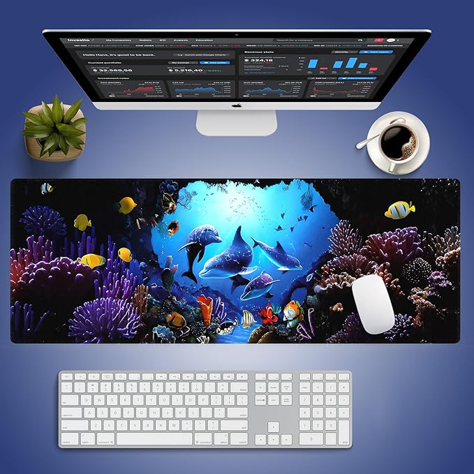 Wknoon. Extra Large Gaming & Office Mouse Pad (31.5" x 11.8") – Colorful Underwater World Landscape Cute Dolphins, Premium Anti-Slip XXL Desk Mat with Durable Stitched Edges