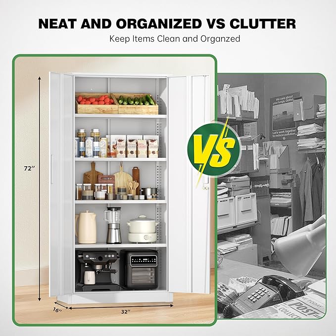 Greenvelly Metal Garage Storage Cabinet,Steel Lockable Storage Cabinet with 2 Doors and 4 Adjustable Shelves,Tall Metal Cabinet Locking File Cabinet for Office,Home, Garage, Gym, School