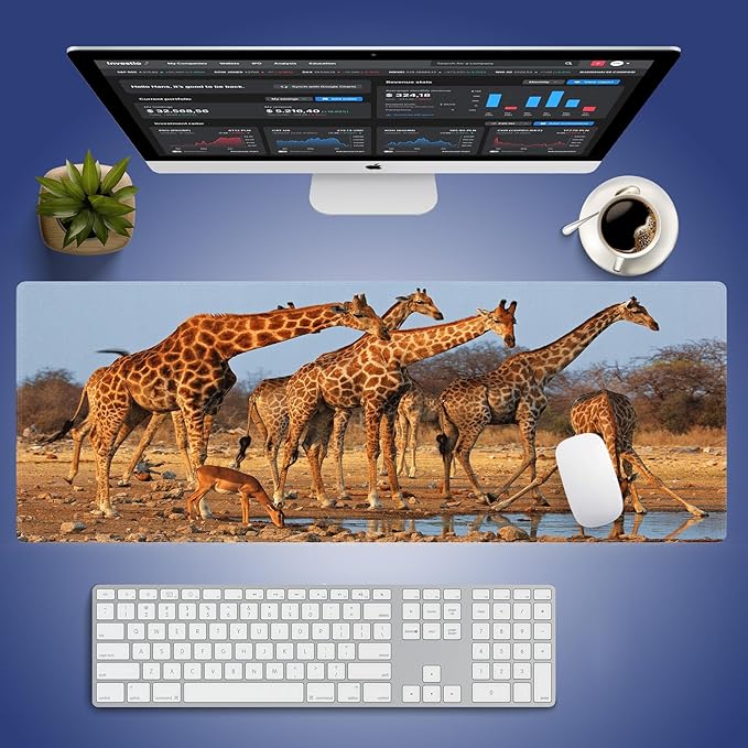 Wknoon. Extra Large Gaming & Office Mouse Pad (31.5" x 11.8") – A Group of South African Giraffes at a Waterhole, Premium XXL Desk Mat with Durable Stitched Edges & Smooth Surface & Anti-Slip Base
