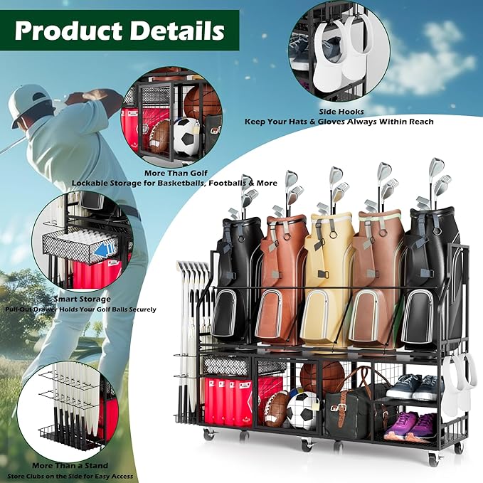 Golf Storage Organizer for 5 Bags, Extra Large Golf Club Racks for Garage Golf Bag Stand Holder for Golf Equipment Accessories