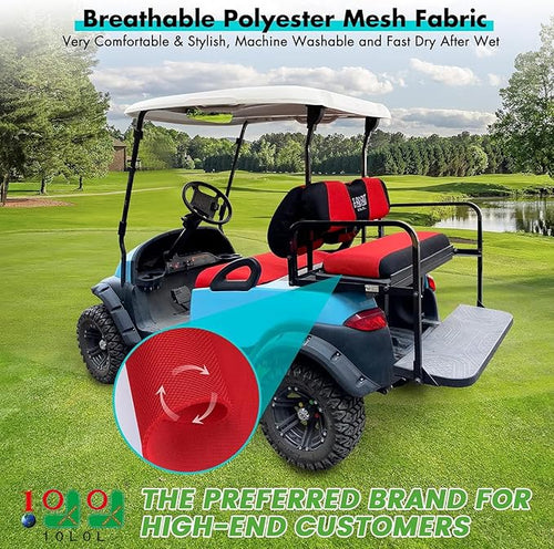 10L0L Golf Cart Front and Rear Seat Cover Set for Club Car DS/Precedent/Onward/Tempo & Yamaha G29 /Drive 2,Stylish 4 Passenger Front Back Seat Covers,Breathable Washable Polyester Mesh (Black/Red)