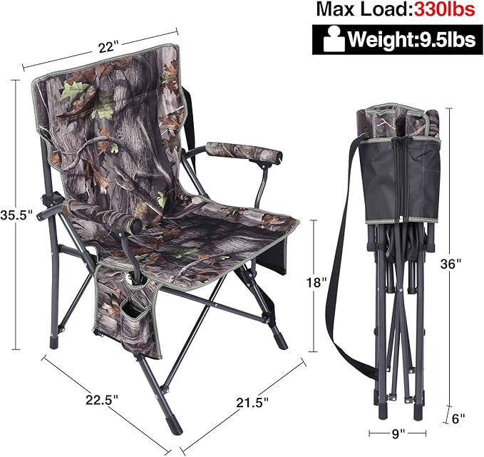 REDCAMP Oversized Hunting Chairs for Blinds, Portable Folding Camo Camping Chairs for Adults Hunting Seats with Hard Arms for Outside Outdoor, Camouflage