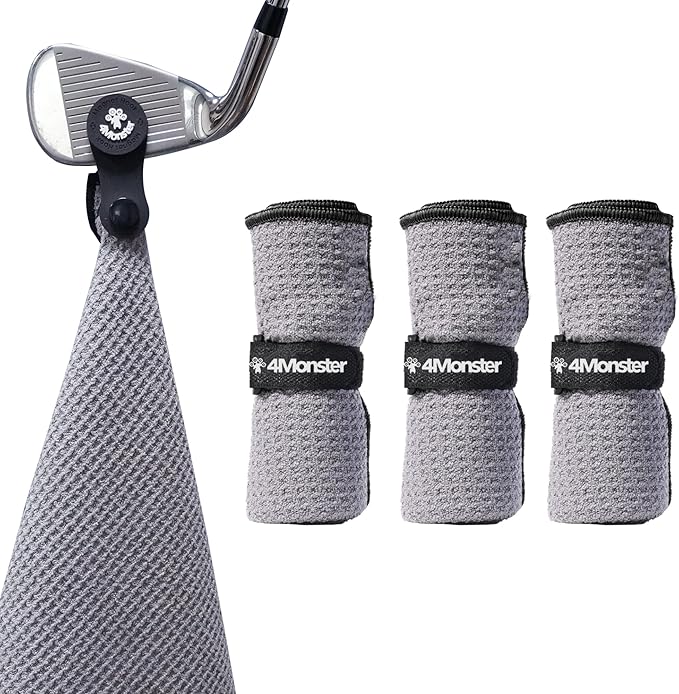 4Monster Golf Towels 3-Pack with Detachable Magnet and Portable Pouch, Quick-Dry Microfiber Golf Towel Set for Golf Bags,Custom Towel Gifts for Men or Women (3, Grey)