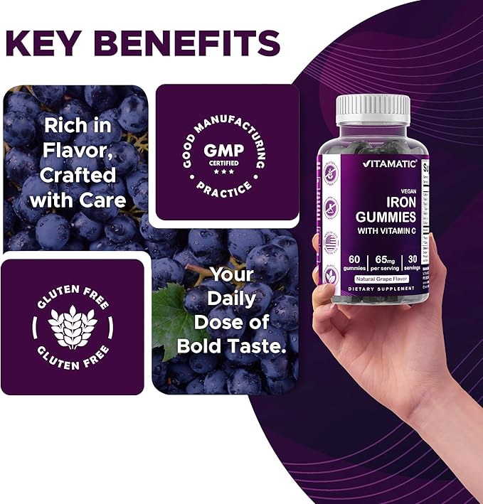 Vitamatic Iron 65 mg Gummies Supplement for Women & Men - 60 Vegan Gummies - Great Tasting Iron Gummy Vitamins with Vitamin C (3)