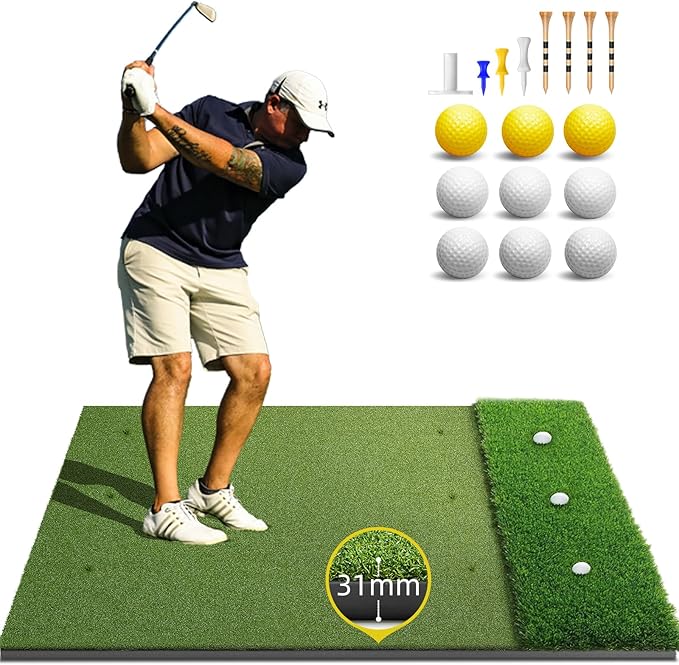 Bltend Dual Turf Golf Mat 31mm: 5x5ft/5x4ft Heavy-Duty Golf Hitting Mats Practice Outdoor/Indoor, Elite Dense Artificial Turf Matt Training Aid for Garage/Simulators/Driving Range/Backyard