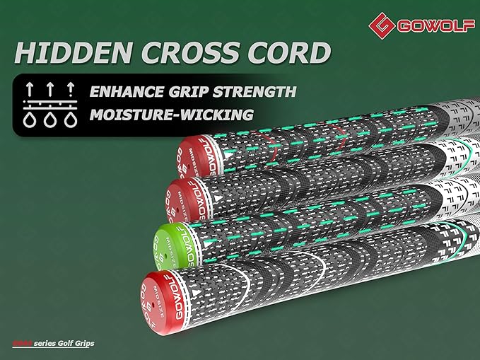 Gowolf Premium Cross Corded Natrual Rubber Golf Grips 13 Pack, Back Rib Improved Control Multi-compound Hybrid Golf Club Grips with 15pc Tapes or Full Kits