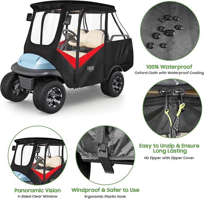 10L0L 4 Passenger Golf Cart Driving Enclosure for Club Car Precedent with Short Roof Up to 57", 4-Sided Clear Window 600D Rain Cover All Weather Windproof Waterproof - Black with Red