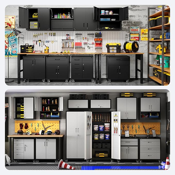 Metal Tool Cabinet,Garage Storage Cabinet System,Wall Cabinet & Locking Rolling Tool Cabinet with Doors and Adjustable Shelves,Steel Tool Cabinets for Home (4 Pcs-StyleA, Black & Grey)