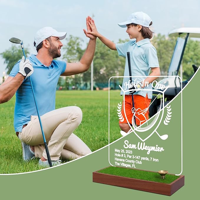 Hole in One Golf Ball Display Case, CoolGift Mart Personalized Light Up Golf Ball Holder Memorabilia Display and Storage, Wooden Acrylic Accessories with Warm White Color Lights, Gift for Golfers