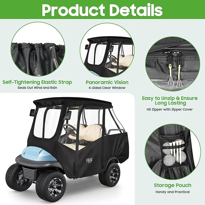 10L0L Golf Cart 4 Passenger Enclosure for Club Car Precedent Short Roof 57.5" Deluxe 600D Golf Cart Heavy Duty Rain Cover with 4 Zipped Doors Clear PVC Windows (Latest Improved Version)