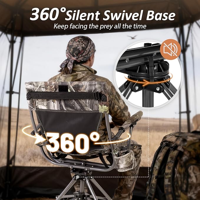 REDCAMP 360° Swivel Hunting Chair with Adjustable Feet for Ground Blinds, Portable Folding Camo Camping Chairs for Adults Hunting Seats with Hard Arms for Fishing Camping