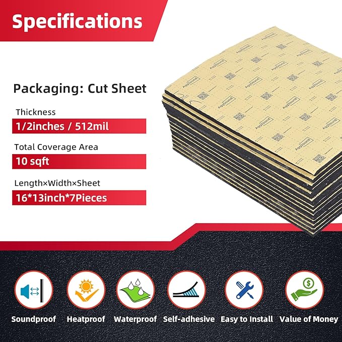 Sound Deadening Mat 1/2inch(13 mm) 9.95sqft - Closed Cell Foam Car Sound Deadening Material - Self-Adhesive Hood Insulation Heat Shield Auto Sound Dampening