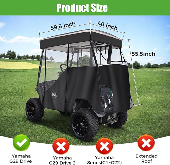 10L0L 3-Sided Track Style Golf Cart Enclosure fit 2 Passenger Yamaha G29 Drive,Waterproof 600D Oxford Cloth Yamaha Rain Cover with Aluminum Pre-Drilled Track,Clear PVC Windshield-Black Valance