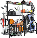 Sports Equipment Organizer, Heavy Duty Golf Bags Stand, Extra Large Ball Storage Rack for Garage, Sports Gear Storage with Basket and Hooks, Black