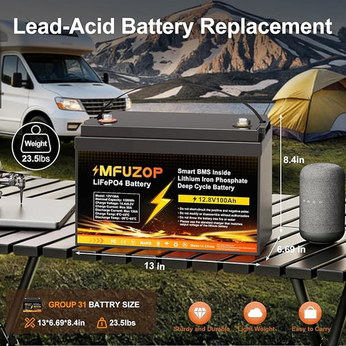 12V 100Ah LiFePO4 Lithium Battery, Built-in 100A BMS, Max. 20000+ Deep Cycles, Rechargeable Lithium Battery for RV, Solar System, Marine, Trailer, Home Energy Storage（Group 31）