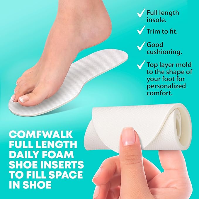 Shoe Filler Insert - Full Length Daily Latex Foam Shoe Inserts, Shoe Insoles for Shoes That are Too Big, 3 Pairs (EU 20-27, US Kids 5-10)