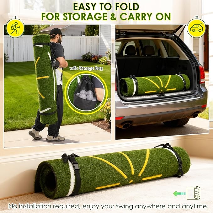 Golf Mat with Dual Turf, 5x4ft Thickened Golf Hitting Mat with Standing Guide-Line & Swing Path Line, Practice Mats for Indoor or Outdoor Use, Gifts for Men Dad & Golfers