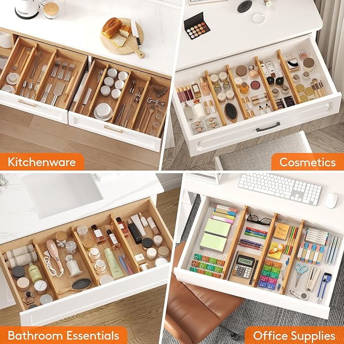 Lifewit 8 Pack 4" High Bamboo Drawer Dividers, 17-21.5" Adjustable Drawer Organizers for Clothes, Wood Dresser Drawer Divider, Expandable Deep Drawer Separators for Dresser, Kitchen, Bedroom, Bathroom