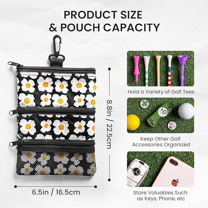 Golf Bag Accessories Valuables Pouch Bags Multi Pocket Zipper Hook with 10 Pcs Wood Golf Tees for Men Women